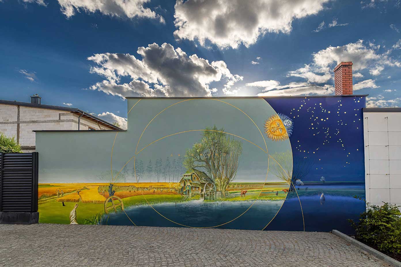 Mural Axis Mundi (Oś świata) Olafa Ciruta na ścianie Parku Kultury Młyn